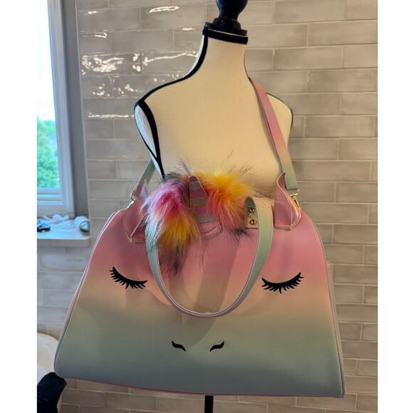 Rainbow Unicorn Tote Bag Pastel Ombre with Furry Horn & Ears Shoulder Strap - Picture 2 of 5